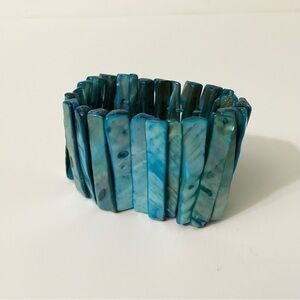 Vtg Blue Abalone Bead Bracelet Wide Cuff Stretch Bracelet